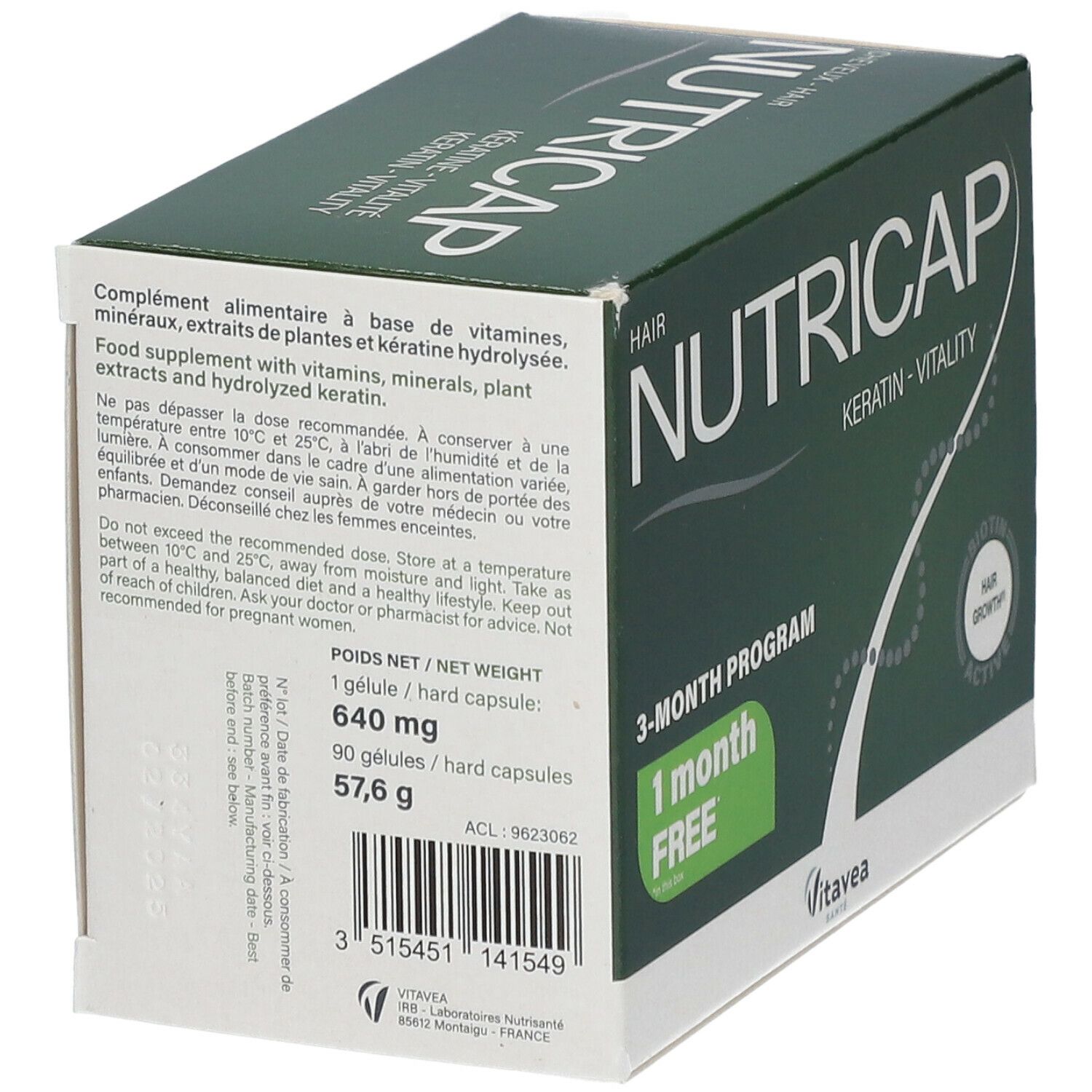 Boîte verte Nutricap. Informations sur les ingrédients et l'utilisation. Marque Vitae. Pour cheveux et ongles. Programme de 3 mois.