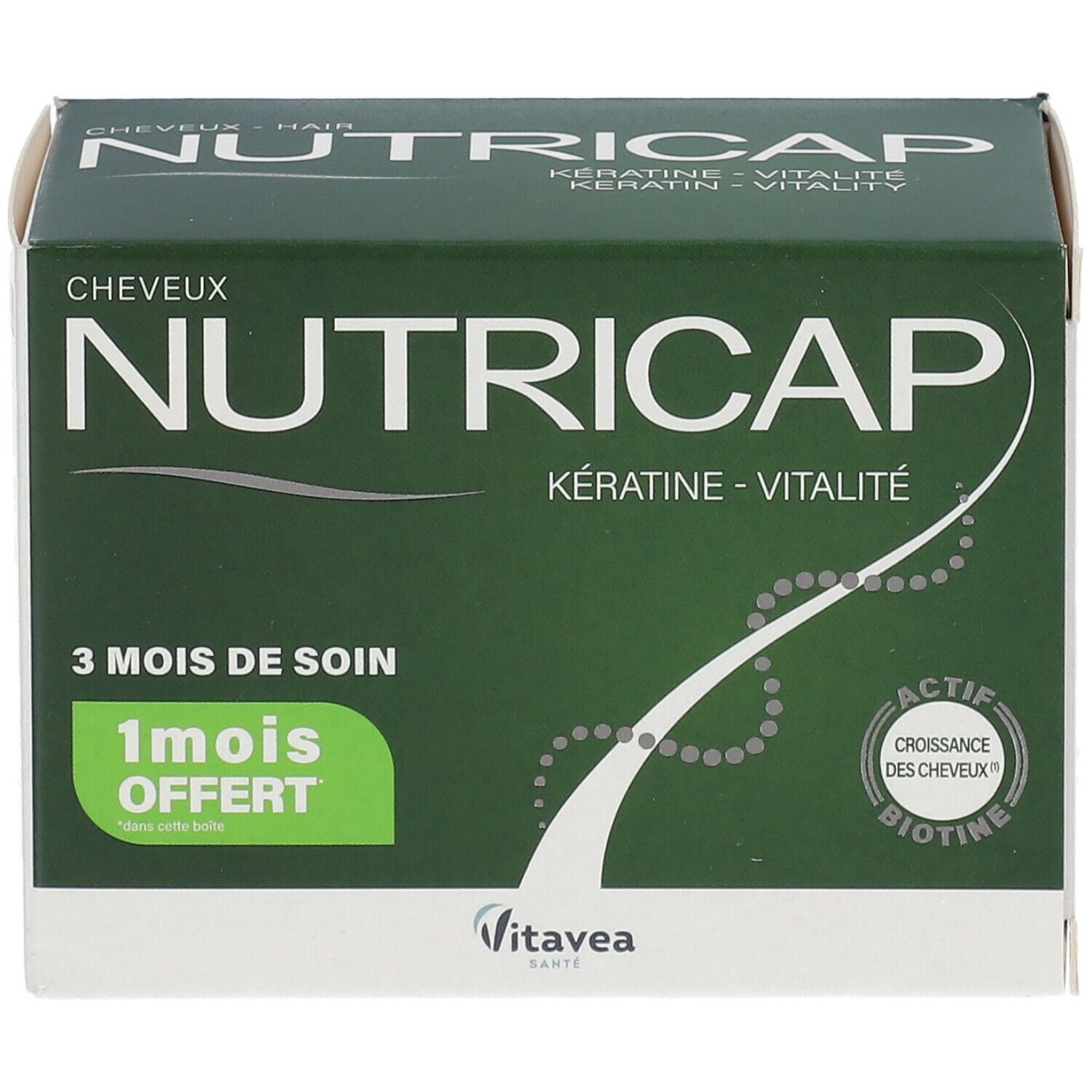Boîte verte Nutricap. Pour cheveux et ongles. 3 mois de soin, 1 mois offert. Marque Vitae. Contient des gélules.