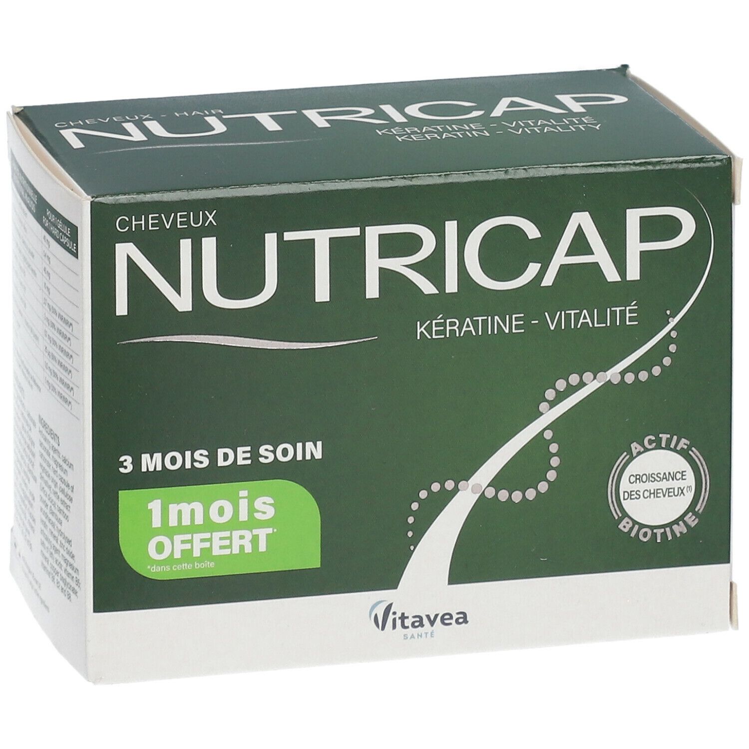 Boîte verte Nutricap. Pour cheveux et ongles. 3 mois de soin, 1 mois offert. Marque Vitae. Contient des gélules.