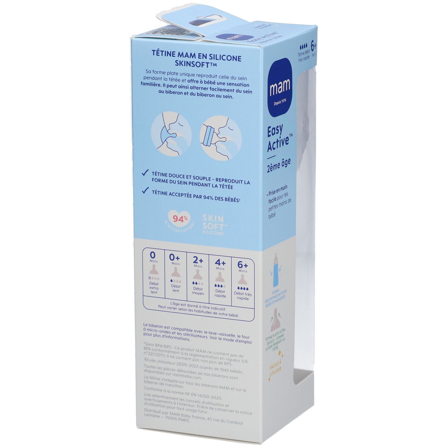 Emballage du biberon MAM. Texte : Tétine MAM en silicone SkinSoft, 94% SkinSoft, 0+, 2+, 4+, 6+.