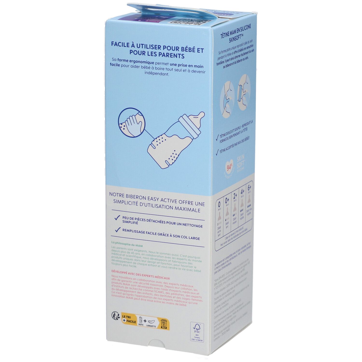 Emballage du biberon MAM. Texte : Facile à utiliser pour bébé et pour les parents. Illustrations.