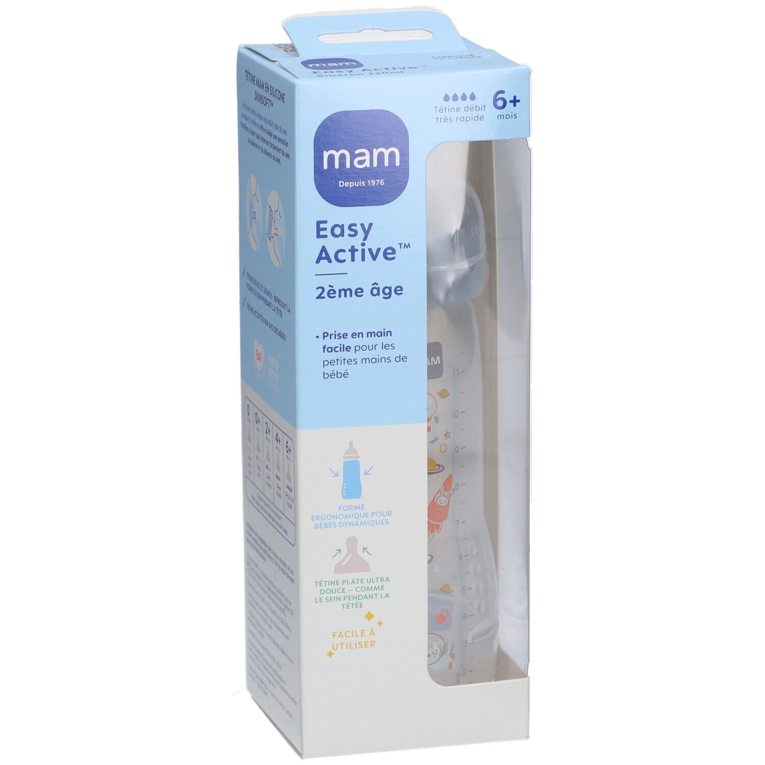 Biberon MAM dans son emballage. Visible : biberon, tétine, couvercle. Inscriptions : MAM, Easy Active, 2ème âge, 6+.