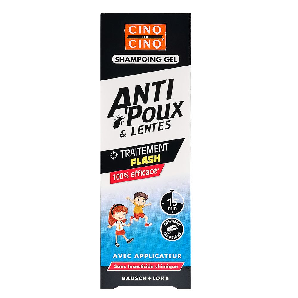 Doosje Cinq sur Cinq. Tekst: Anti-luizen & neten, Flash behandeling, 100% effectief. Met applicator. Bausch + Lomb.