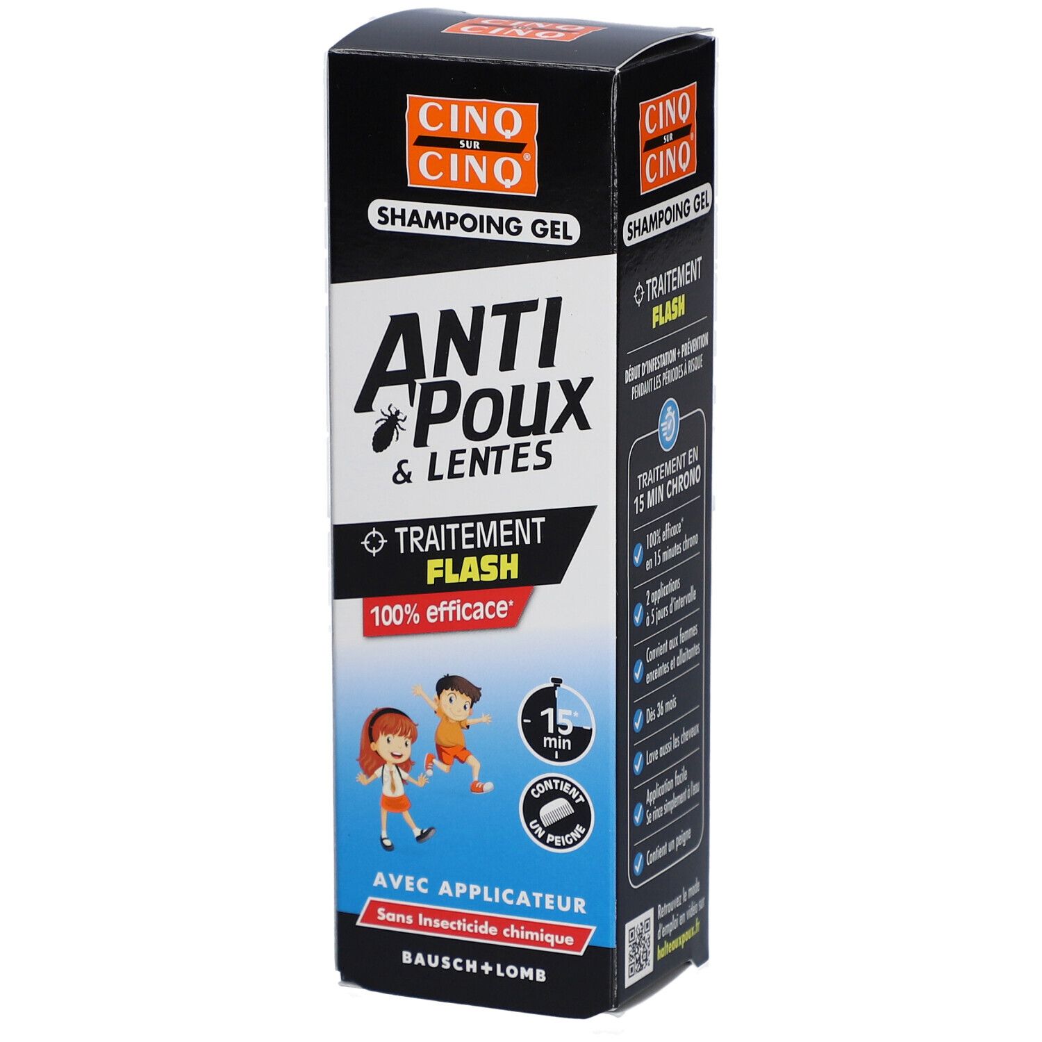 Productverpakking. Tekst: Anti-luizen & neten, Flash behandeling, 100% effectief. Met applicator. Bausch + Lomb. Productinformatie.