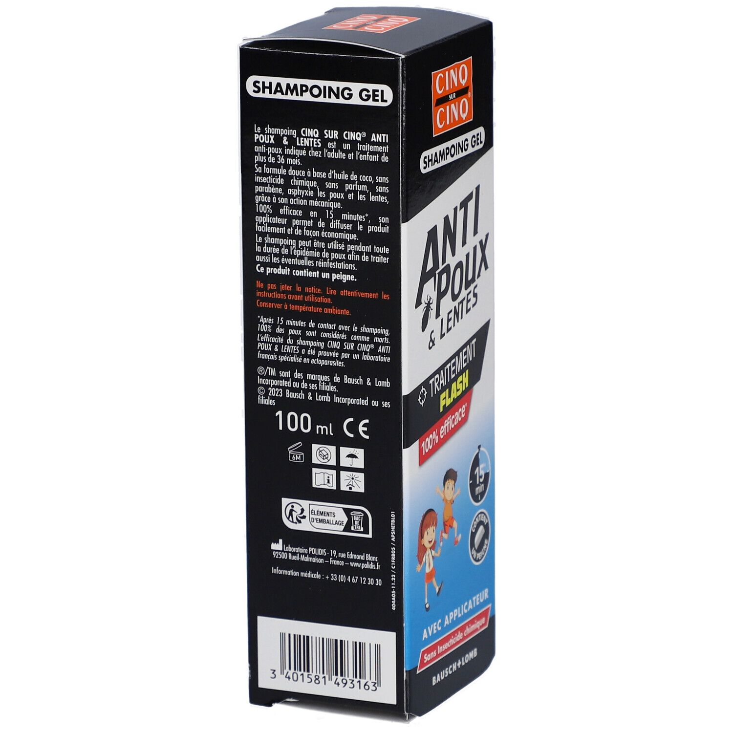 Productverpakking. Tekst: Anti-luizen & neten, Flash behandeling, 100% effectief. Met applicator. Bausch + Lomb. Productinformatie.