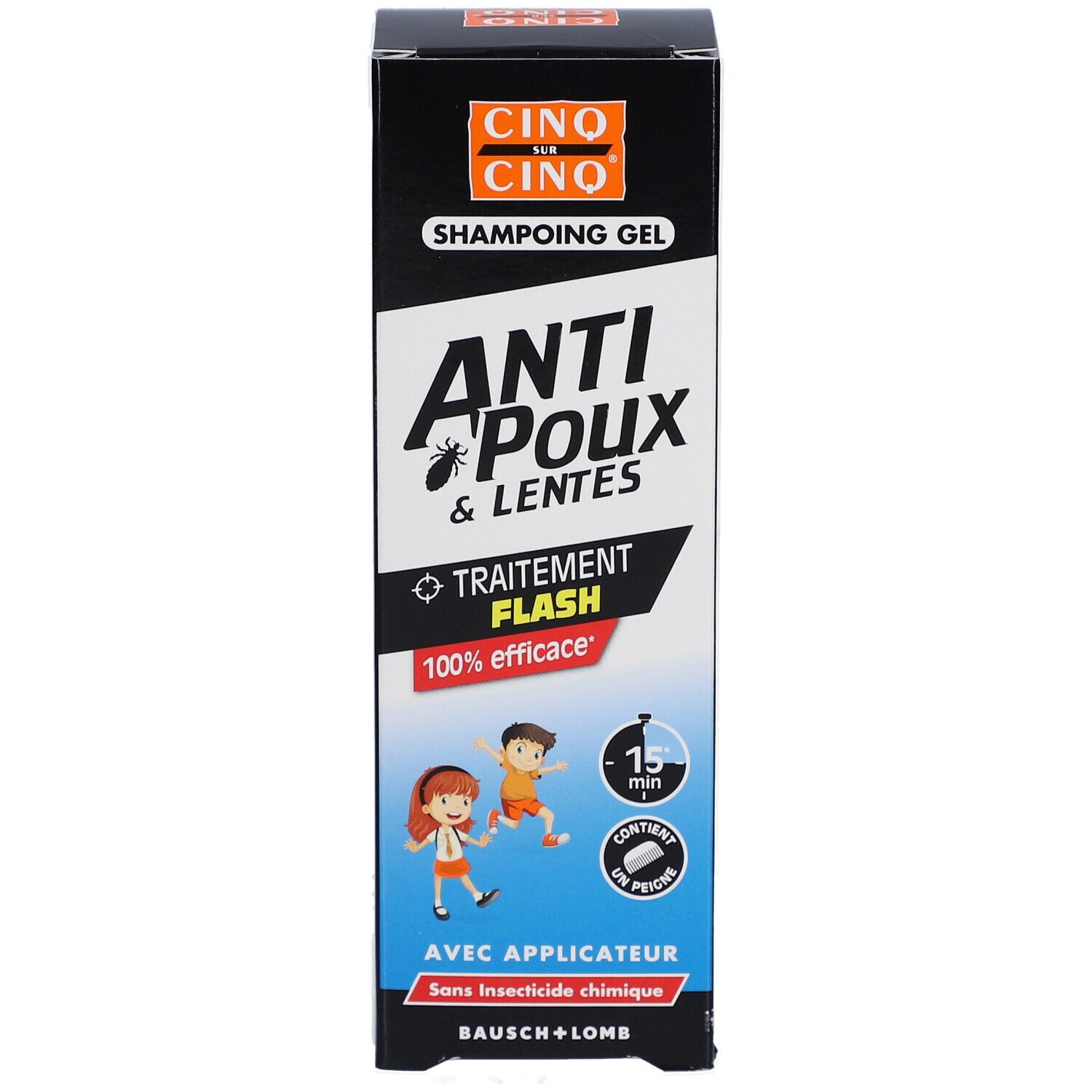 Productverpakking. Tekst: Anti-luizen & neten, Flash behandeling, 100% effectief. Met applicator. Bausch + Lomb. Productinformatie.