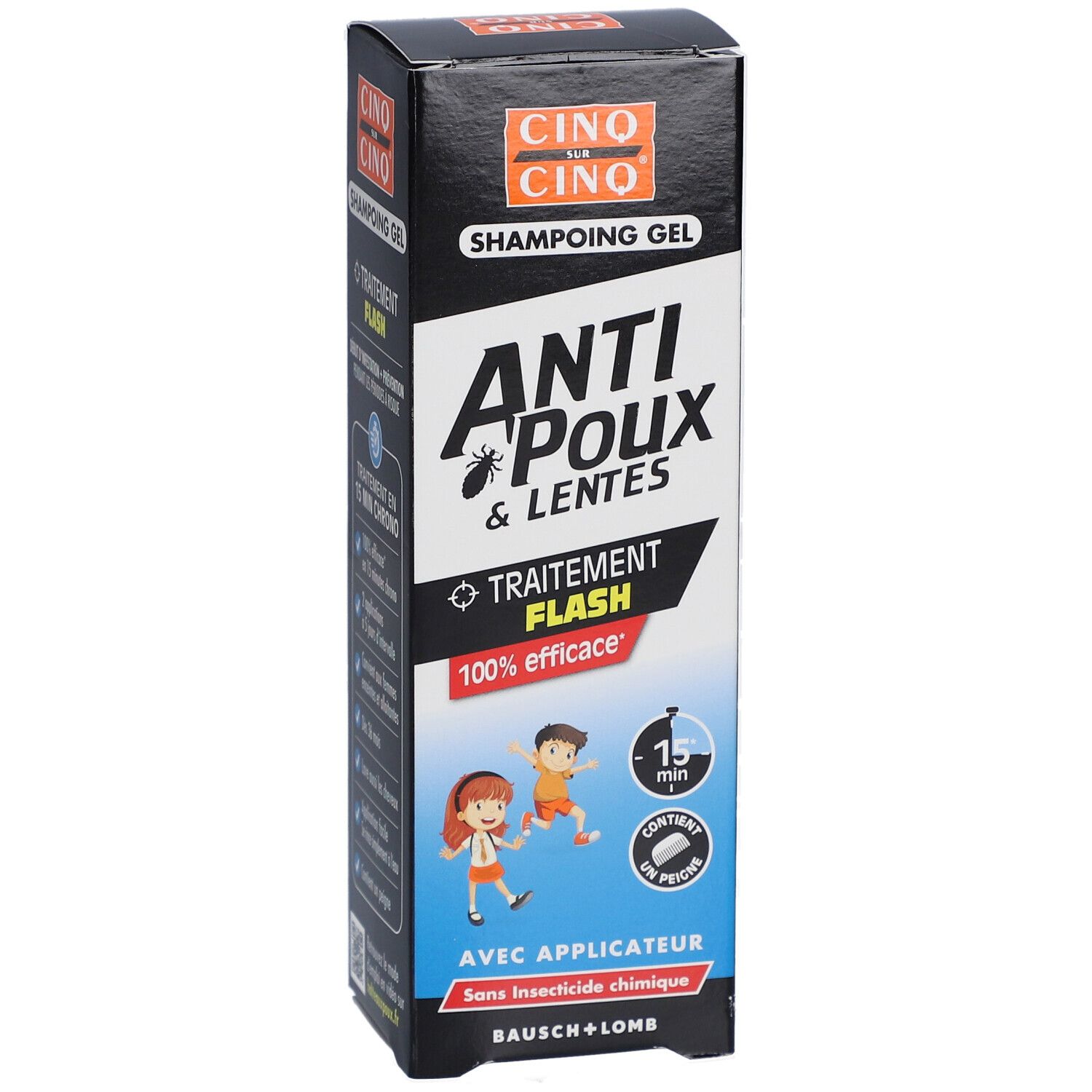 Productverpakking. Tekst: Anti-luizen & neten, Flash behandeling, 100% effectief. Met applicator. Bausch + Lomb. Logo en naam.