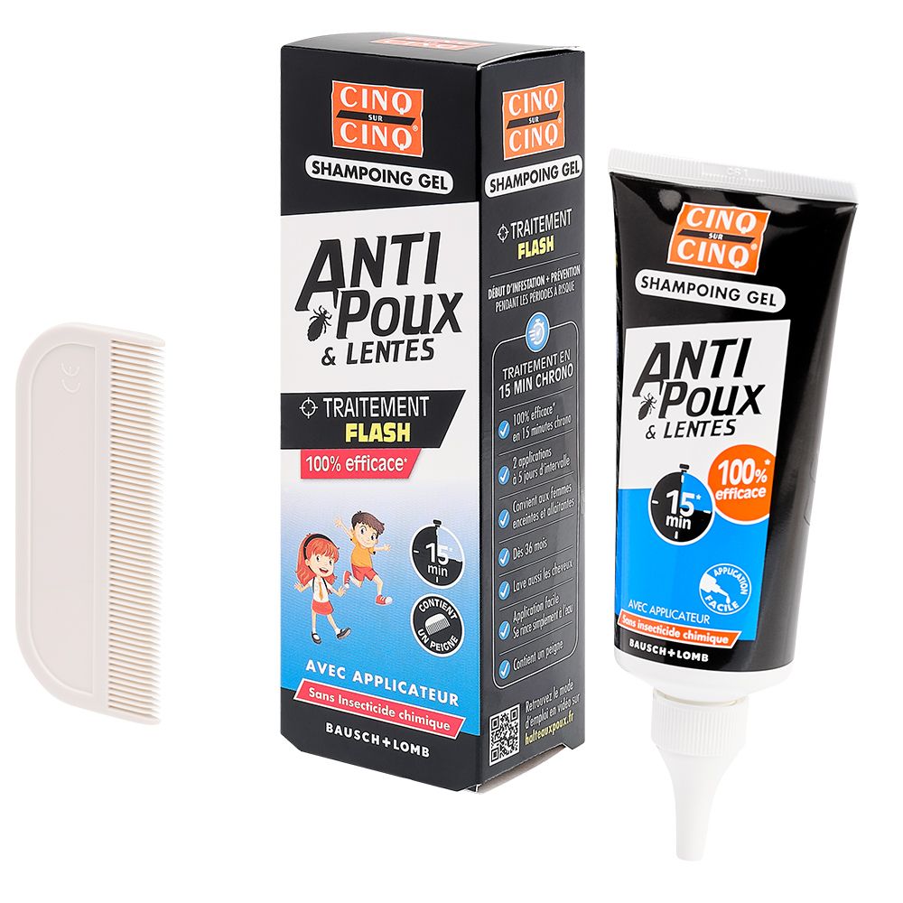 Verpakking, product en kam. Product: Anti-luizen & neten, Flash behandeling. Met applicator. Bausch + Lomb. Kam.
