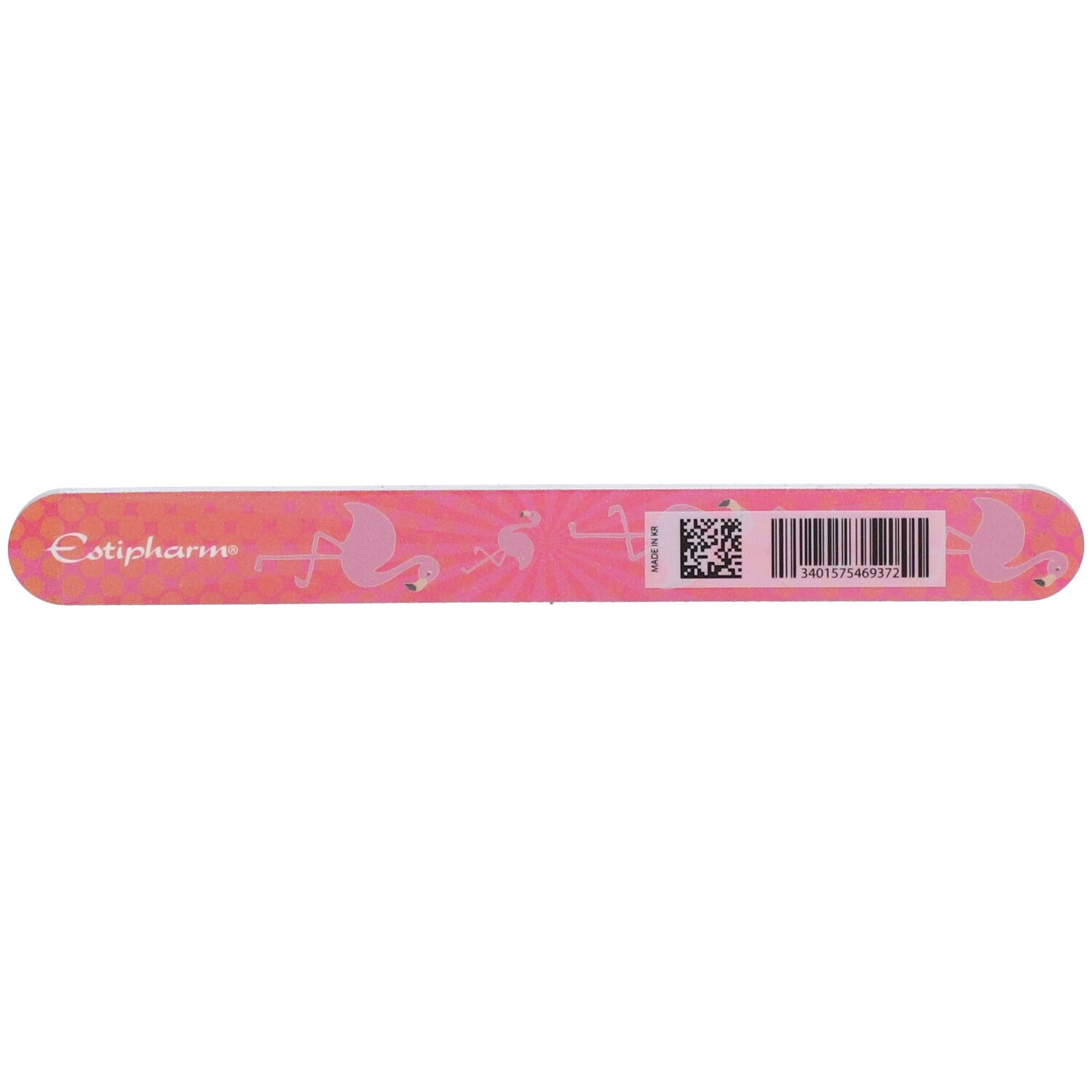 Lime à ongles rose avec motifs flamants roses. Inscription Estipharm. Code-barres et QR.