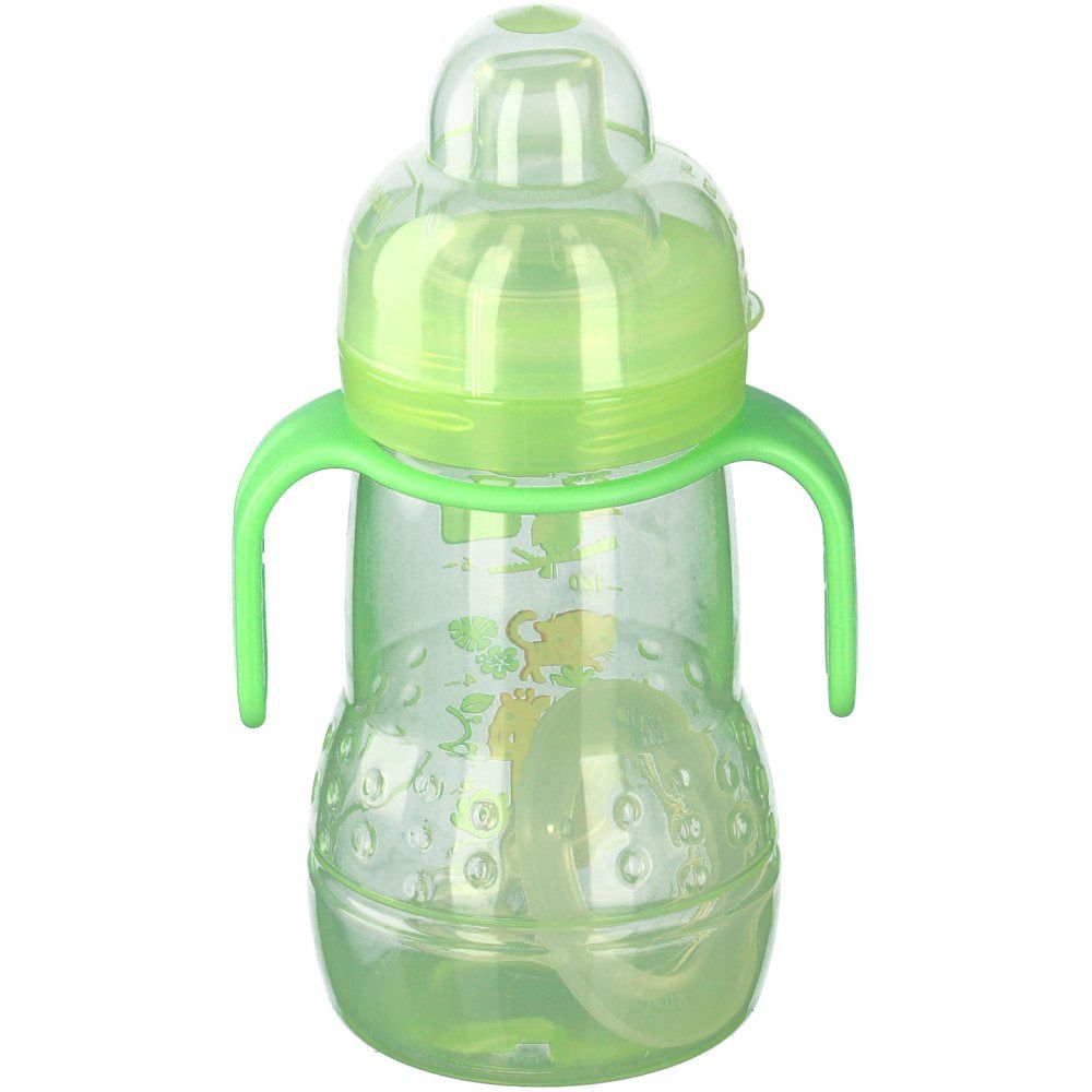 Grüne Babyflasche mit Griffen. Silikonschnabel. MAM-Logo nicht sichtbar. Detailansicht.