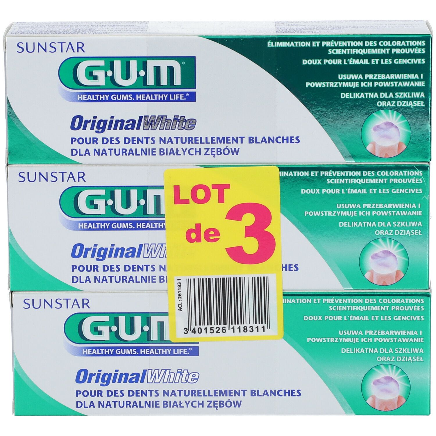 Drei Schachteln Zahnpasta, G.U.M. Original White, mit Aufkleber 'LOT de 3'. Text: Sunstar, Healthy Gums, Healthy Life. Grün-weiße Verpackung.