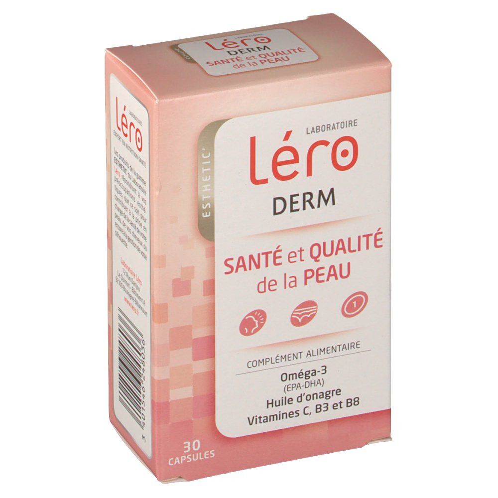 Rosa Schachtel mit Léro Derm. Aufschrift: Santé et qualité de la peau. 30 Kapseln. Ergänzungsmittel.