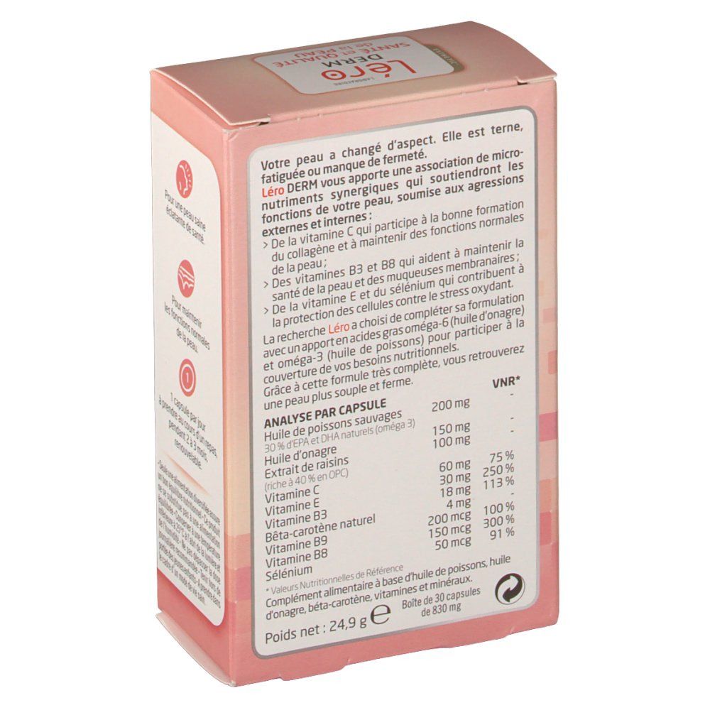 Rückseite der rosa Léro Derm Schachtel. Inhaltsstoffe und Nährwertangaben pro Kapsel. 30 Kapseln.
