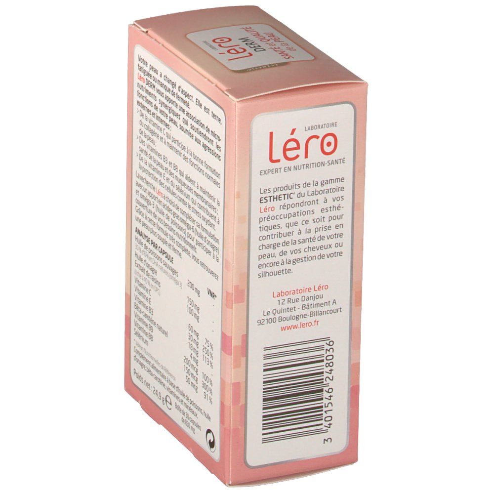 Seite der rosa Léro Derm Schachtel. Laboratoire Léro. Expert in Ernährung. Barcode.