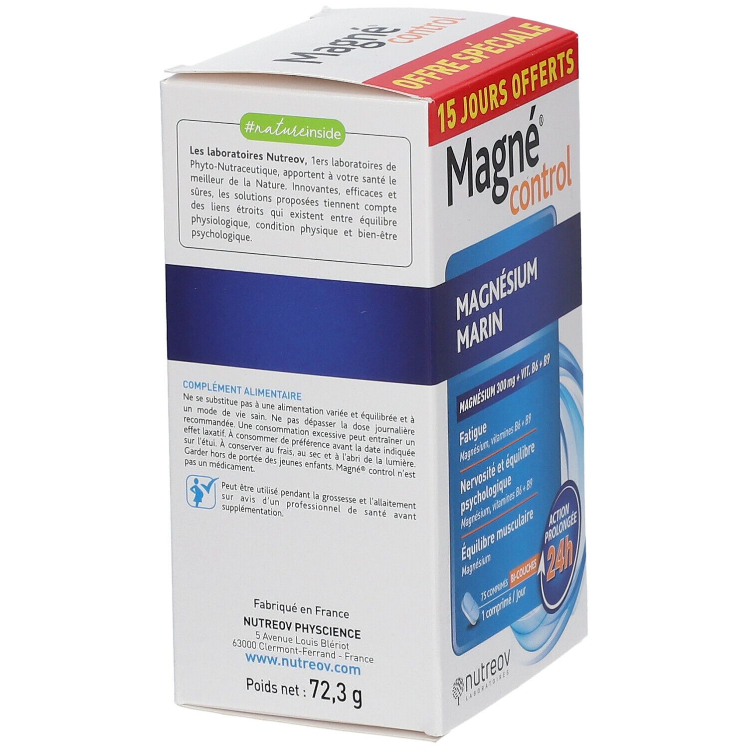 Dos de l'emballage Magné Control. Contient des informations sur le produit et les ingrédients. Poids : 72,3 g.