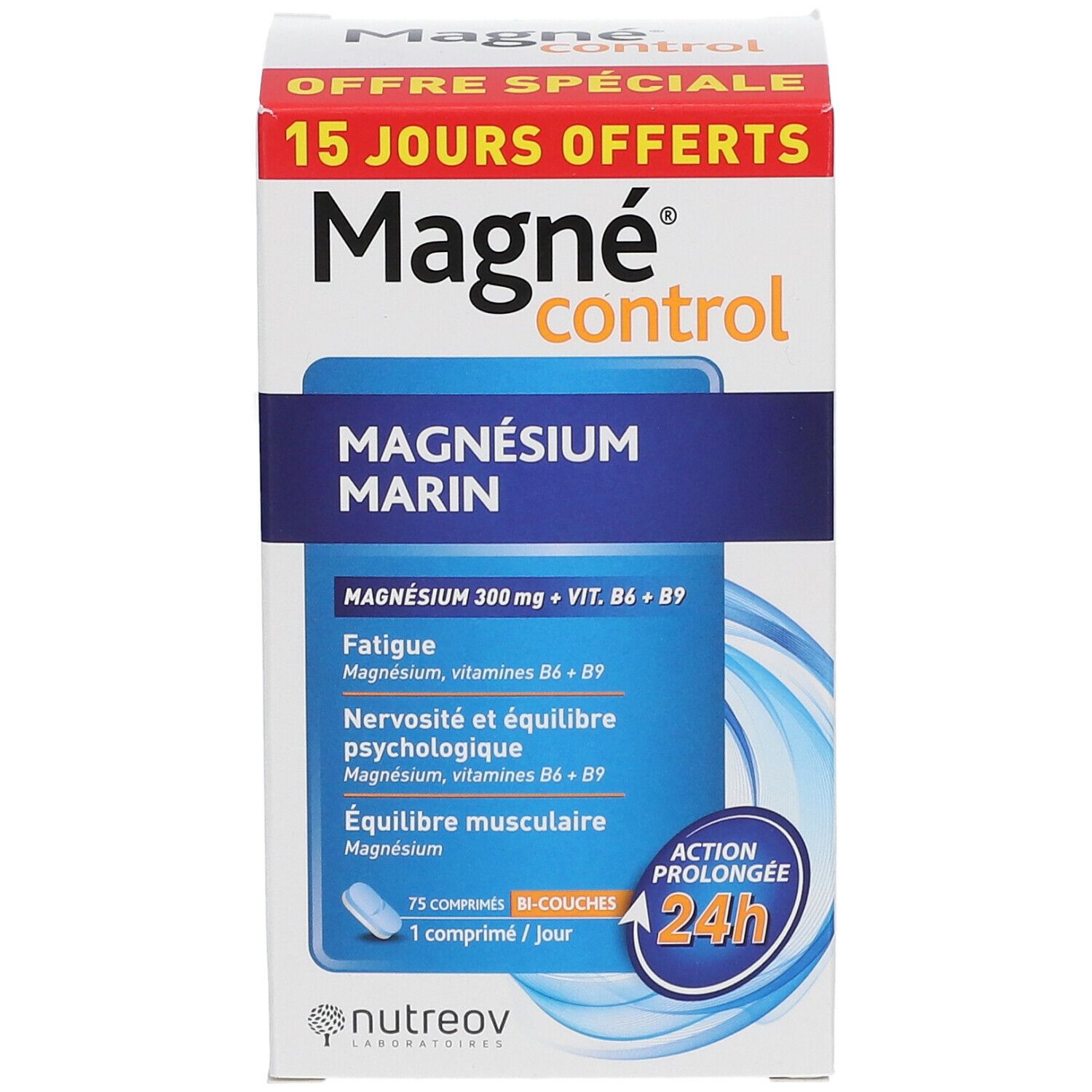 Boîte de Magné Control. Emballage bleu et blanc. Contient Magnésium Marin. Texte : 15 jours offerts.