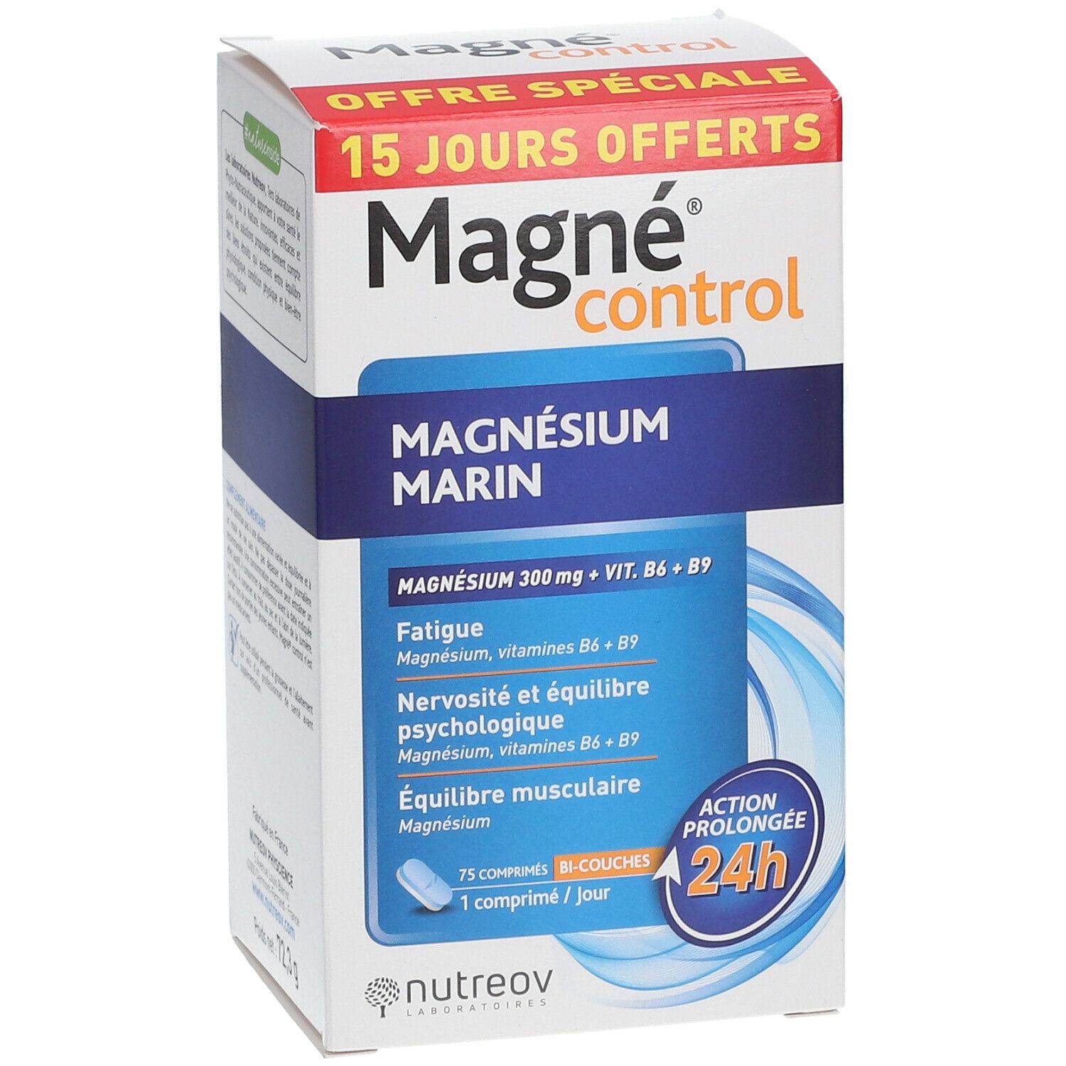 Boîte de Magné Control. Emballage bleu et blanc. Contient Magnésium Marin. Texte : 15 jours offerts.