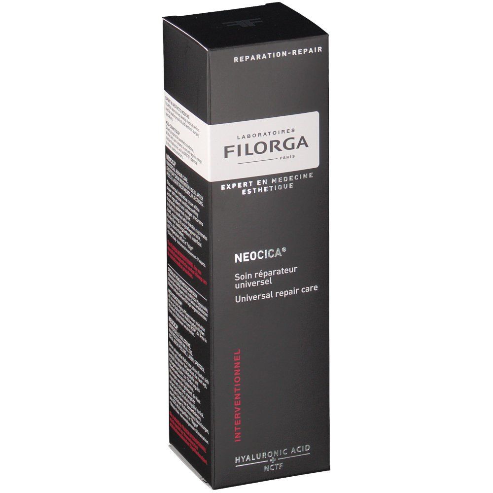 Schwarze Filorga-Verpackung. Aufschrift: NEOCICA, Universal Repair Care. Enthält Hyaluronsäure. Vertikale Ansicht.
