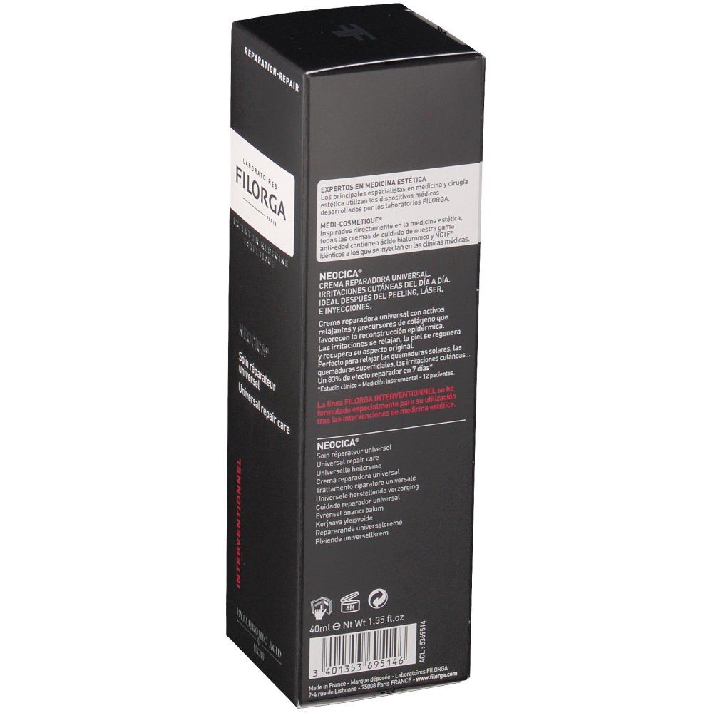 Rückseite der schwarzen Filorga-Verpackung. Text in mehreren Sprachen. Enthält Informationen zum Produkt und zur Marke.