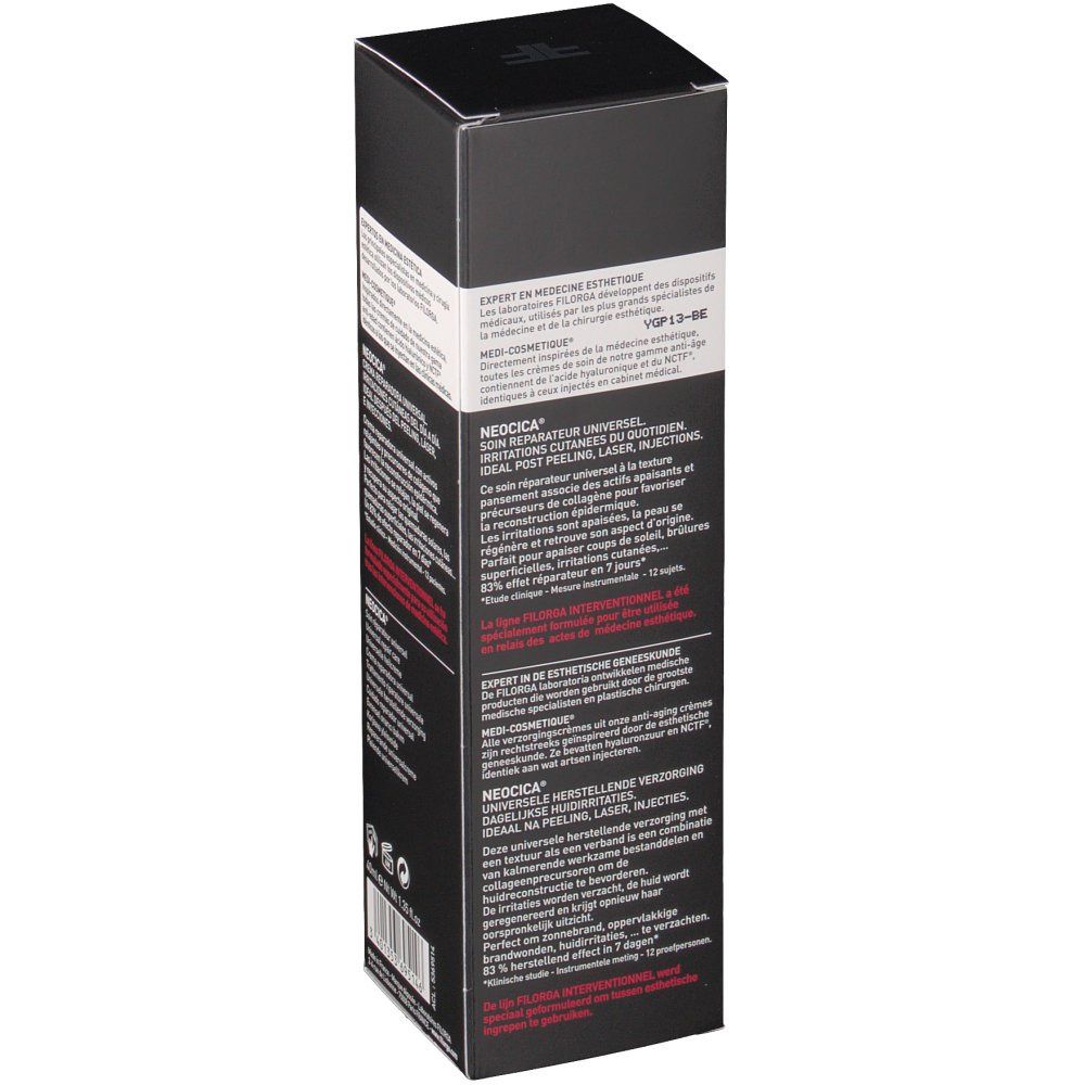 Rückseite der schwarzen Filorga-Verpackung. Text in mehreren Sprachen. Enthält Informationen zum Produkt und zur Marke.