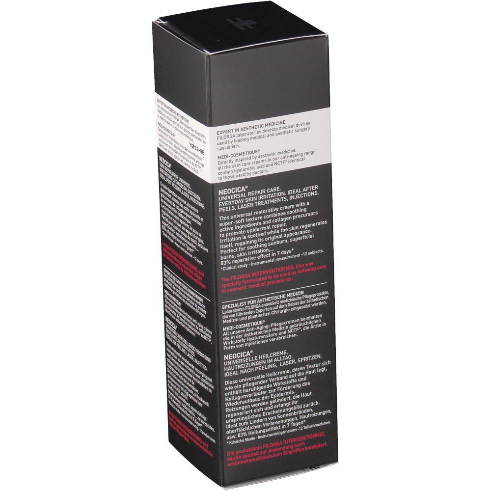 Rückseite der schwarzen Filorga-Verpackung. Text in mehreren Sprachen. Enthält Informationen zum Produkt und zur Marke.