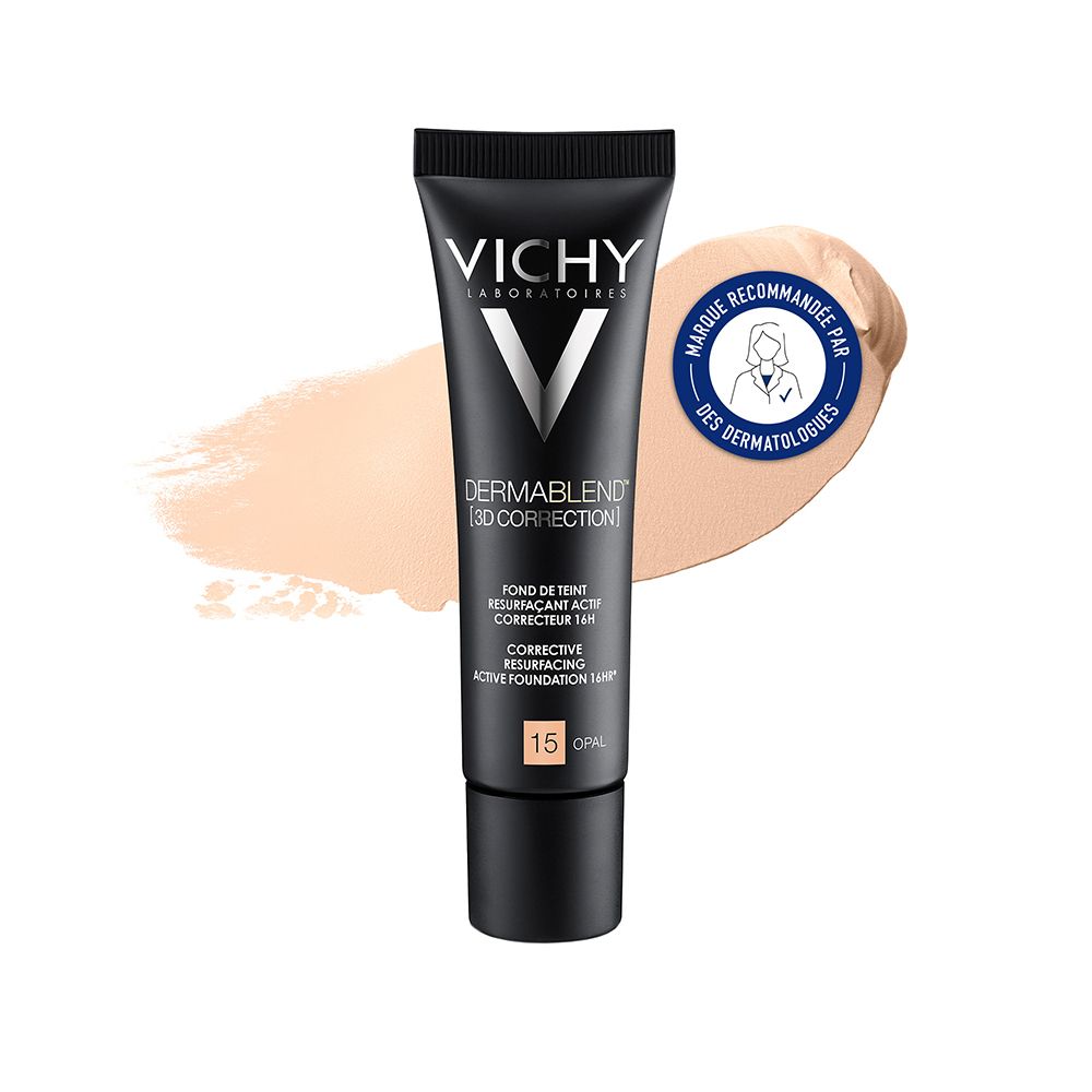 Tube noir VICHY Dermablend 3D Correction 15 Opal. Échantillon de couleur à côté. Inscription : Marque Recommandée par des Dermatologues.