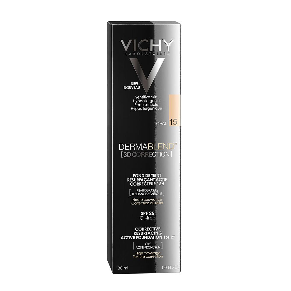 Emballage noir avec VICHY Dermablend 3D Correction. Nom du produit, teinte Opal 15 et autres informations imprimées.