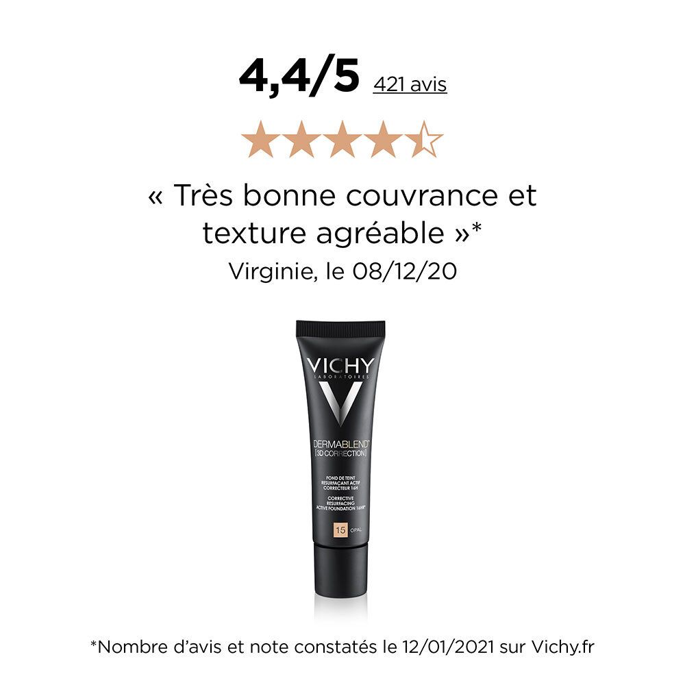Produit avec une note de 4,4/5. Citation : « Très bonne couvrance et texture agréable ». Tube noir VICHY Dermablend.