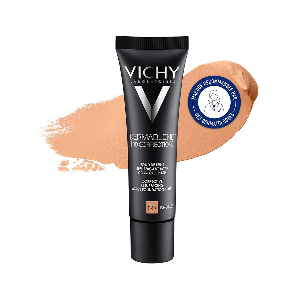 Vichy Dermablend 3D Korrektur 55 Bronze. Tube mit Make-up und Farbmuster. Dermatologisch getestet.
