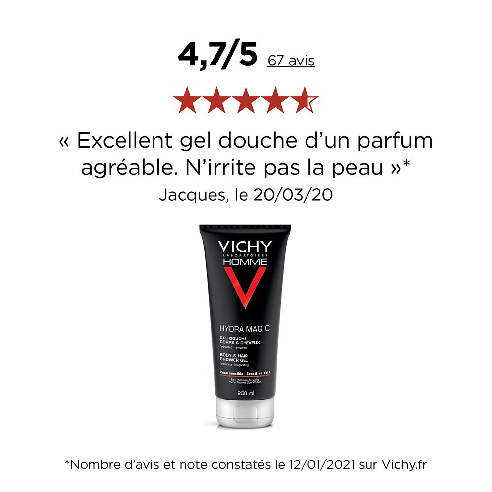 Un tube de gel douche avec texte et avis. Tube noir avec V rouge et texte blanc. Évaluation : 4,7/5 étoiles. Texte en français.