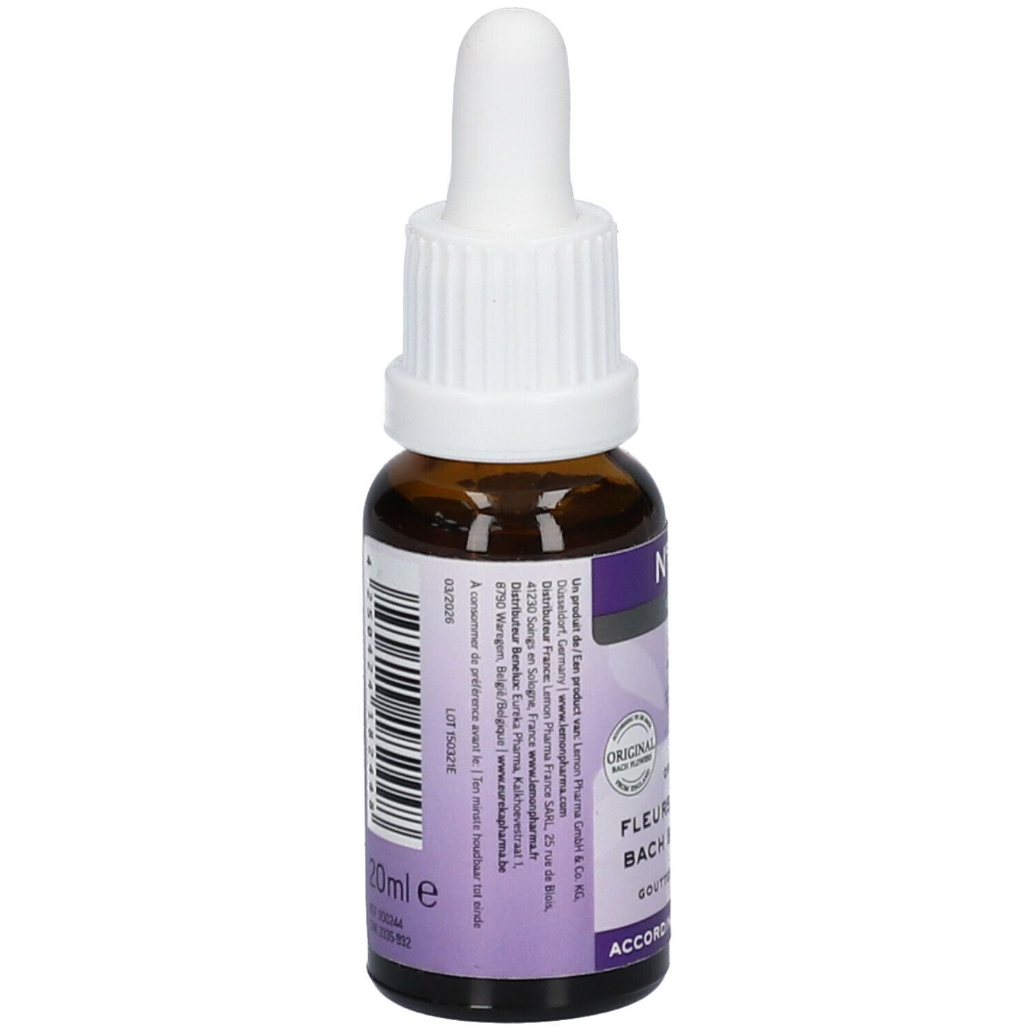 Flacon en verre brun avec compte-gouttes blanc. Dos avec texte et informations fabricant. Inscription : 20ml e.