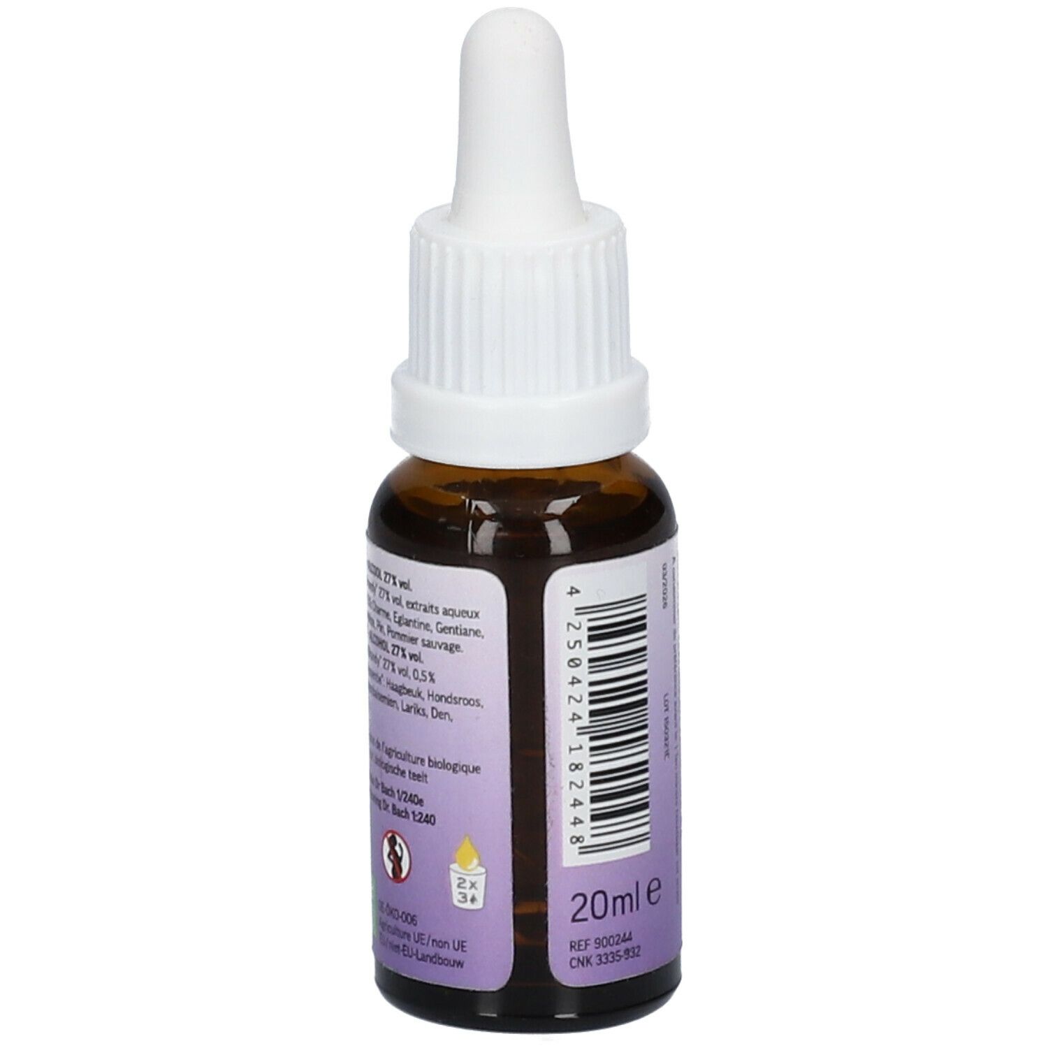 Flacon en verre brun avec compte-gouttes blanc. Dos avec texte, ingrédients et indication de volume : 20ml e.