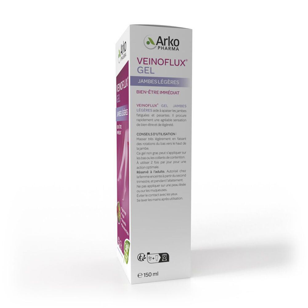 Boîte Arkopharma Veinoflux Gel, vue latérale. Instructions d'utilisation et ingrédients. Contenance 150 ml.