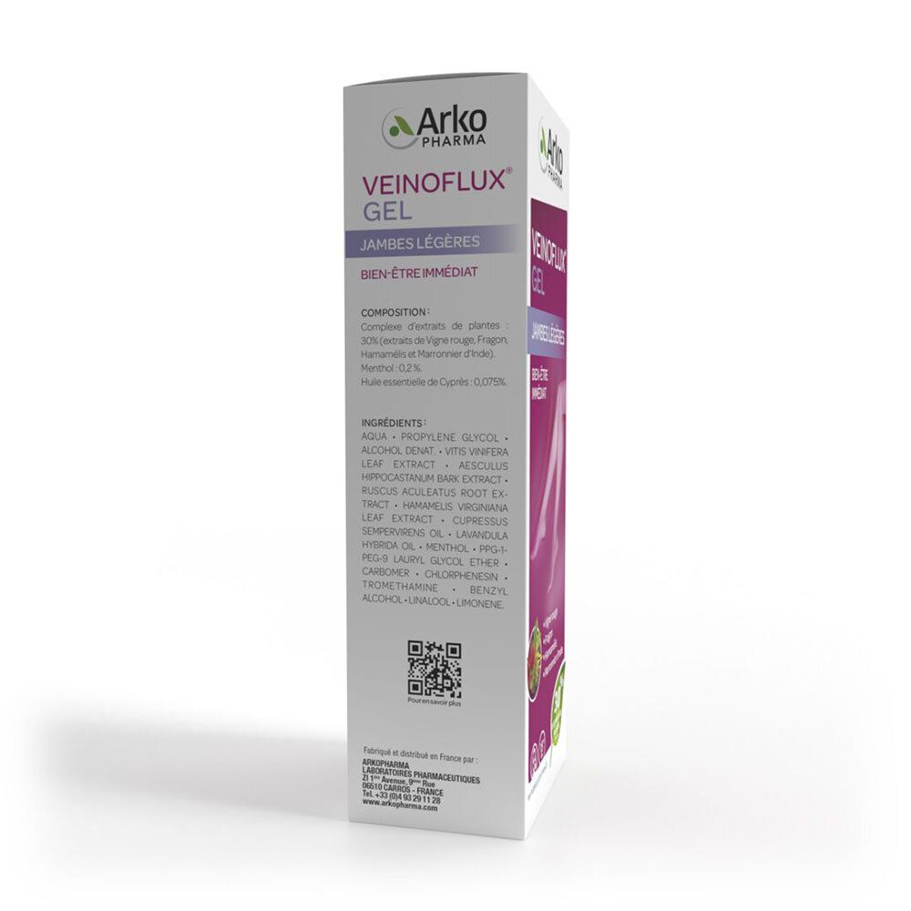 Boîte Arkopharma Veinoflux Gel, dos. Ingrédients et code QR. Fabriqué en France.