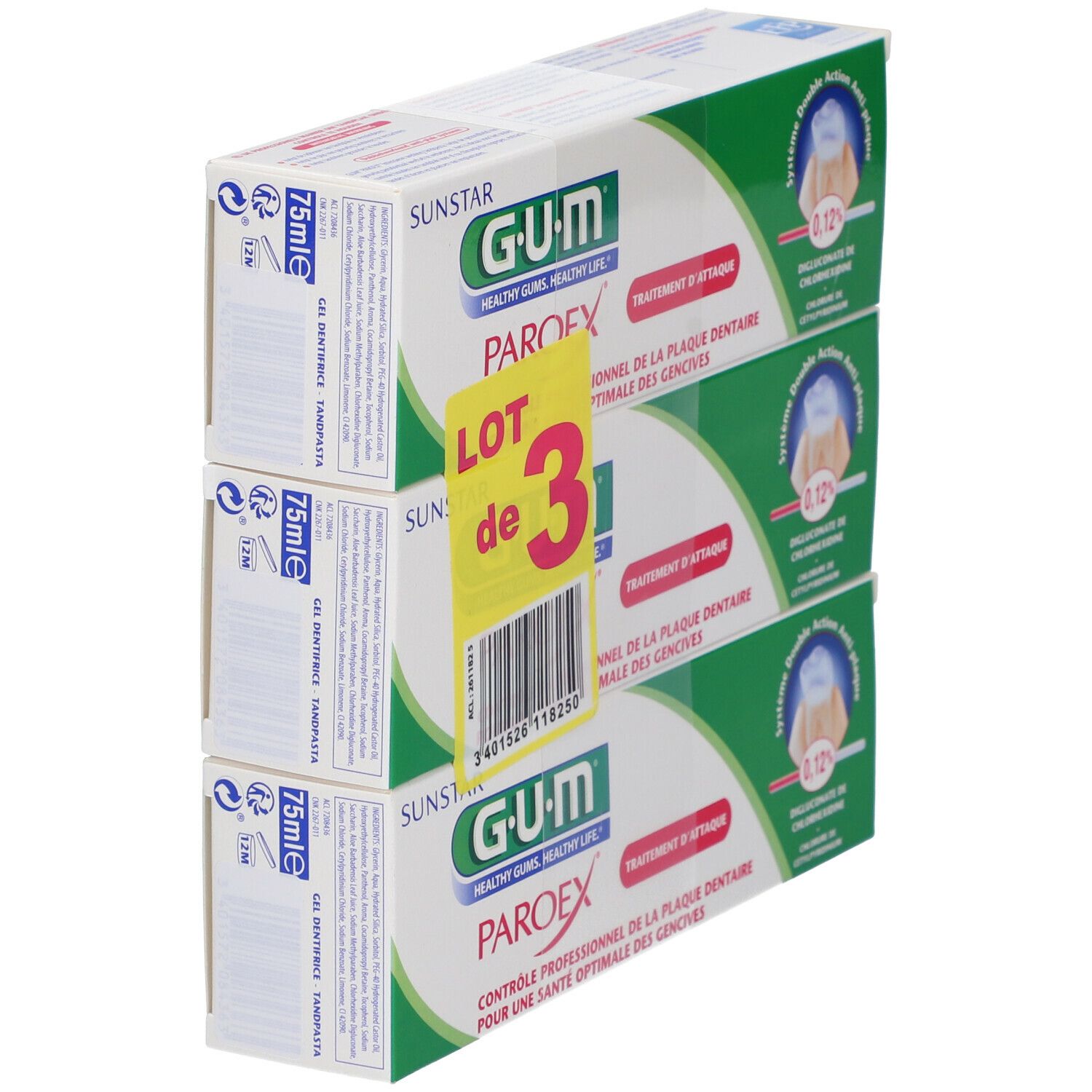 Trois tubes de GUM Paroex dans un emballage. Inscription: 75ml. Emballage vert et blanc.