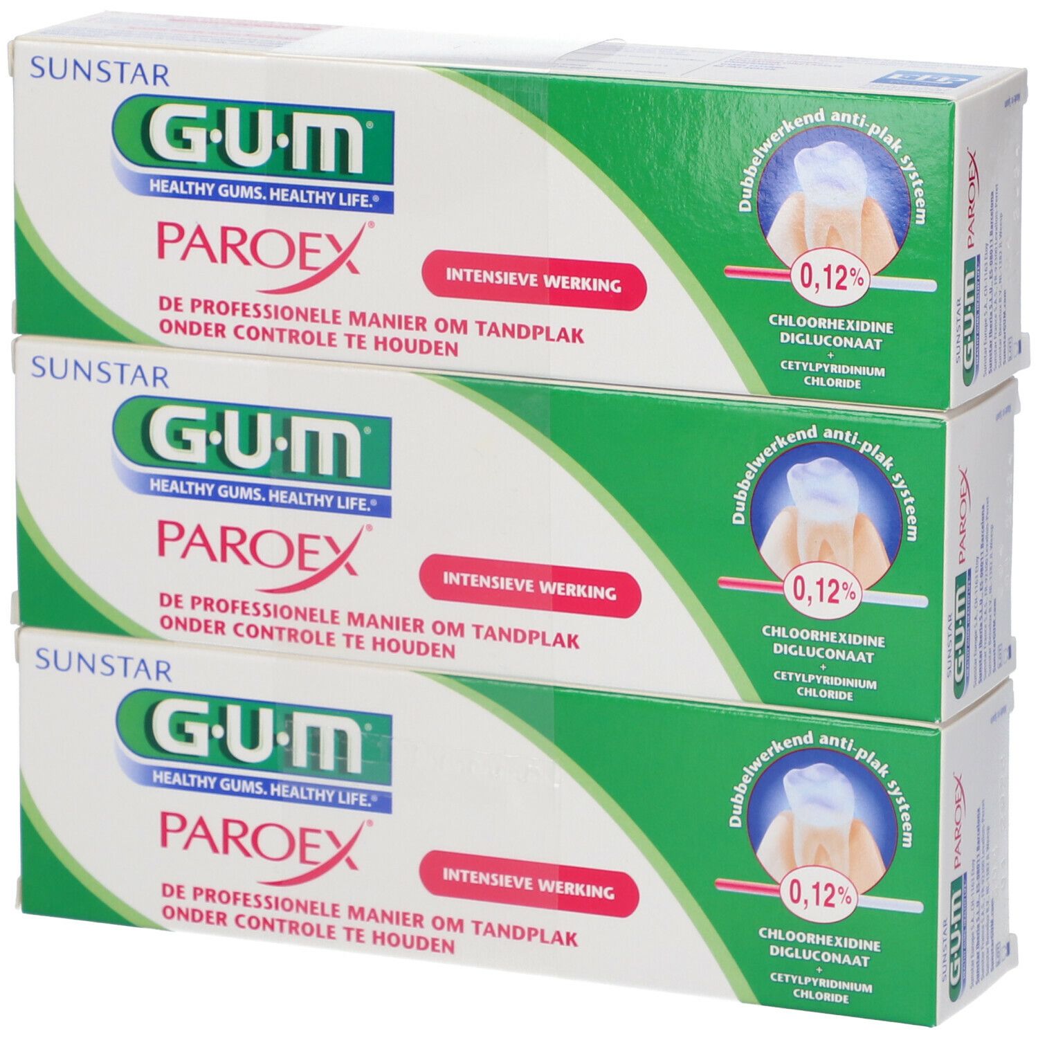 Trois tubes de GUM Paroex. Emballage vert et blanc. Inscription: 'Intensive werking'.