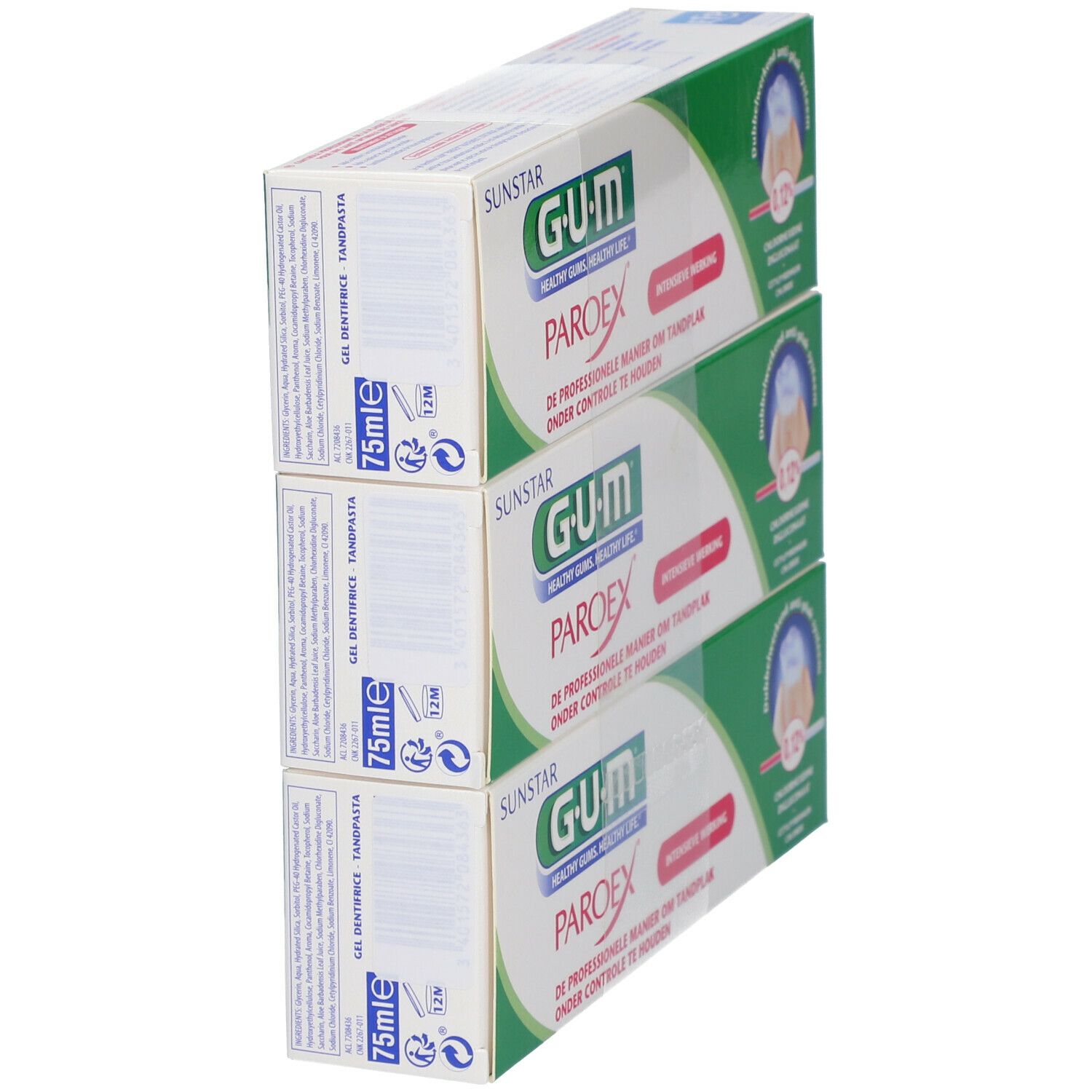 Trois tubes de GUM Paroex. Emballage vert et blanc. Inscription: 75ml.
