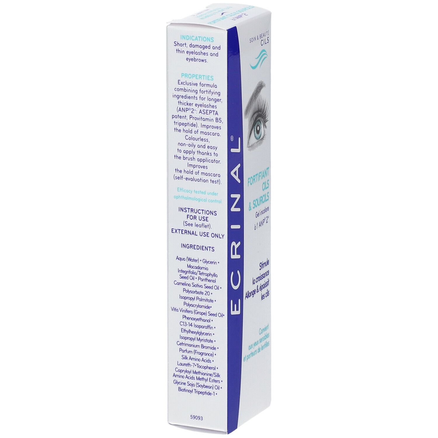 Asepta Ecrinal® Fortifiant Cils & Sourcils. Boîte blanche et bleue avec détails. Texte: INSTRUCTIONS FOR USE, EXTERNAL USE ONLY. Ingrédients.