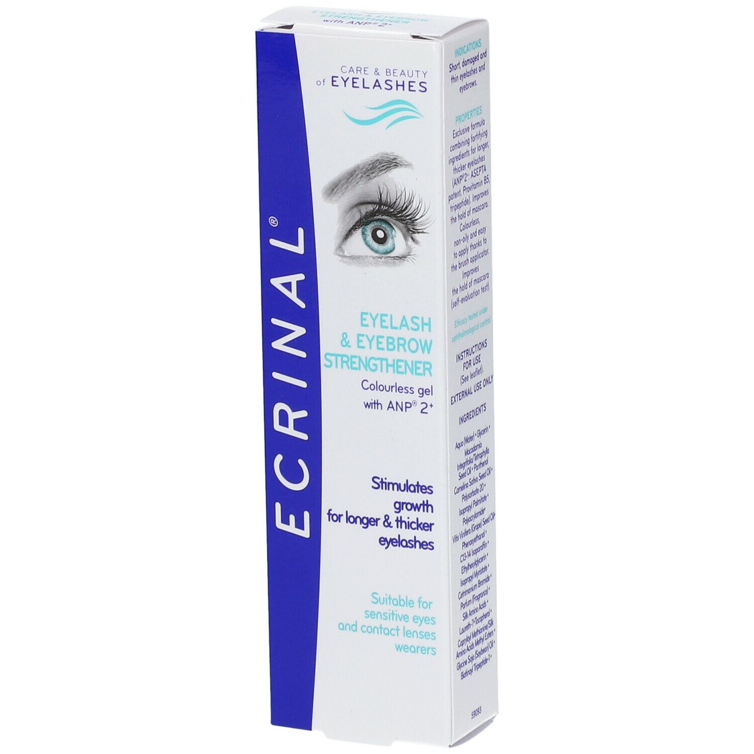 Asepta Ecrinal® Eyelash & Eyebrow Strengthener. Boîte blanche et bleue. Texte: EYELASH & EYEBROW STRENGTHENER. Gel incolore avec ANP 2.