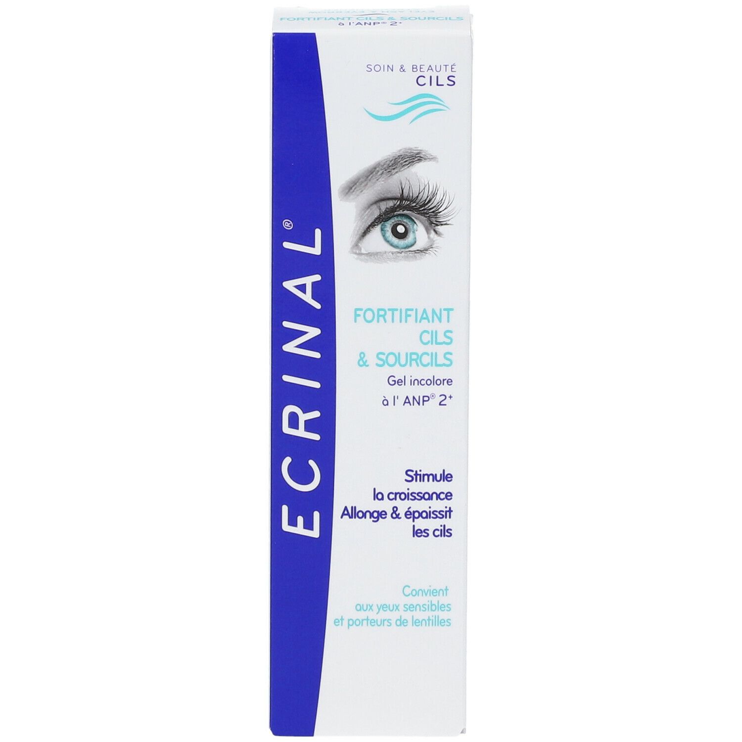Asepta Ecrinal® Fortifiant Cils & Sourcils. Boîte blanche et bleue. Texte: FORTIFIANT CILS & SOURCILS. Gel incolore à l'ANP 2.
