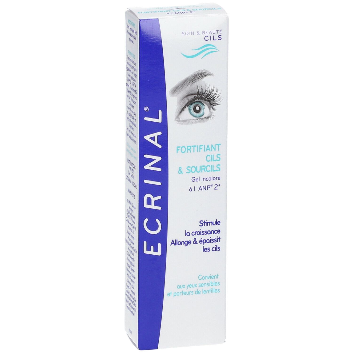 Asepta Ecrinal® Fortifiant Cils & Sourcils. Boîte blanche et bleue. Texte: FORTIFIANT CILS & SOURCILS. Gel incolore à l'ANP 2.