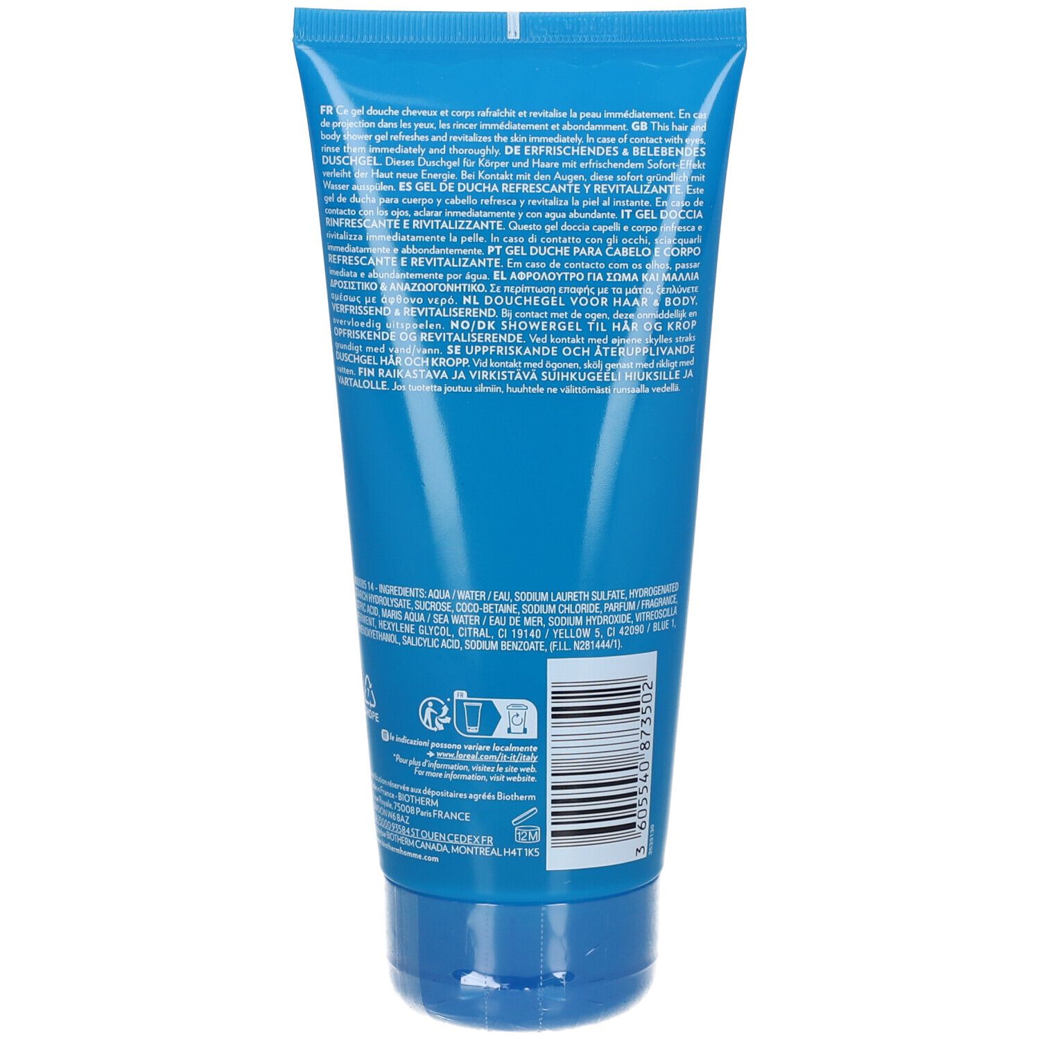 Dos du tube bleu. Texte multilingue. Code-barres et ingrédients.