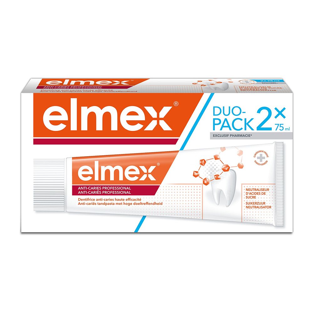 Elmex Anti-Karies Profi Zahnpasta Duo-Pack. Zwei Tuben in einer Verpackung. Orange-weißes Design. Enthält 75ml.