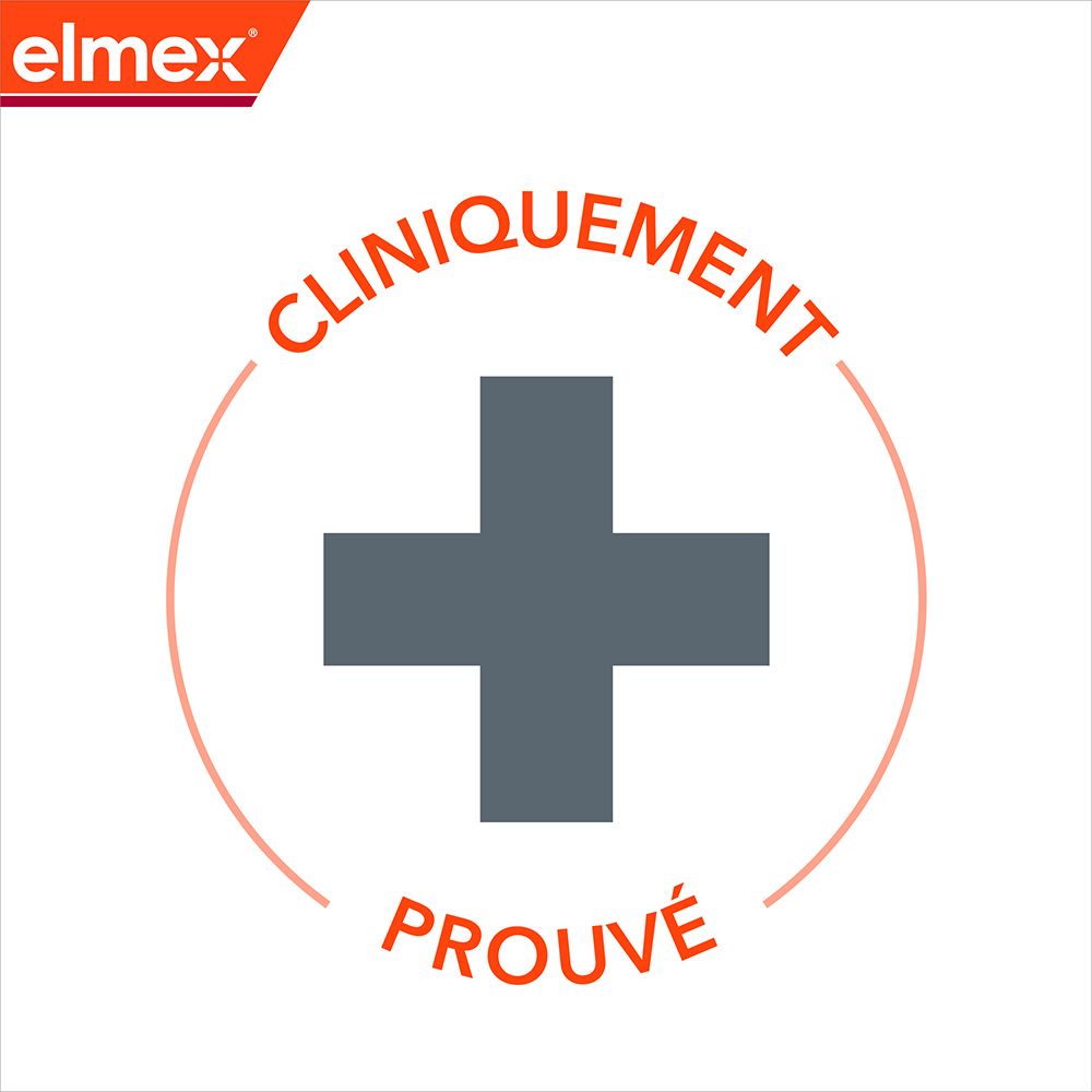Kreisförmiges Logo mit einem Kreuz und dem Text: Cliniquement Prouvé. Elmex Logo.