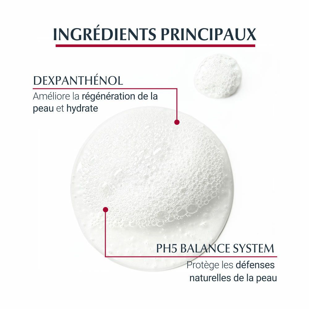 Nahaufnahme von Schaum. Text: Dexpanthenol, pH5 Balance System. Schützt die natürlichen Abwehrkräfte der Haut.