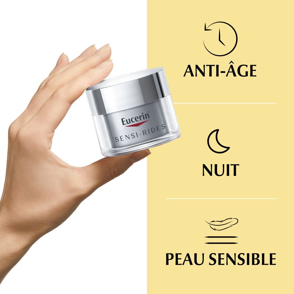 Main tenant un pot de crème. Anti-âge, nuit, peau sensible. Fond jaune.