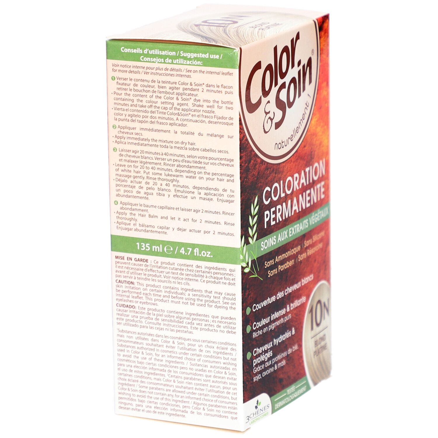 Haarfärbemittel-Box. Marke Color & Soin, Farbton 10N Platinblond. Rückseite mit Anweisungen und Inhaltsstoffen. 135 ml / 4.7 fl. oz.