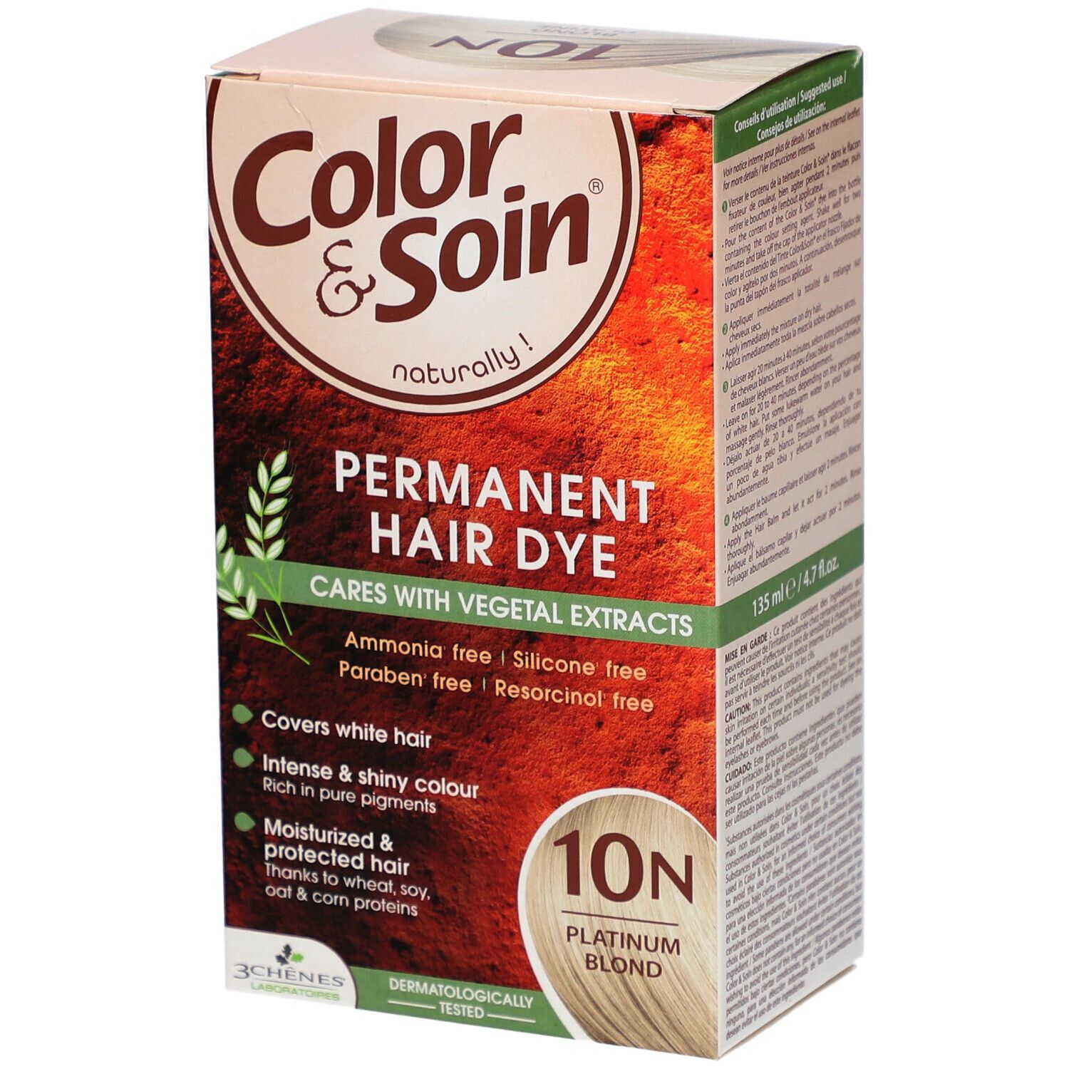 Haarfärbemittel-Box. Marke Color & Soin, Farbton 10N Platinblond. Angereichert mit reinen Pigmenten. Ohne Ammoniak, Silikon, Alkohol, Resorcin.