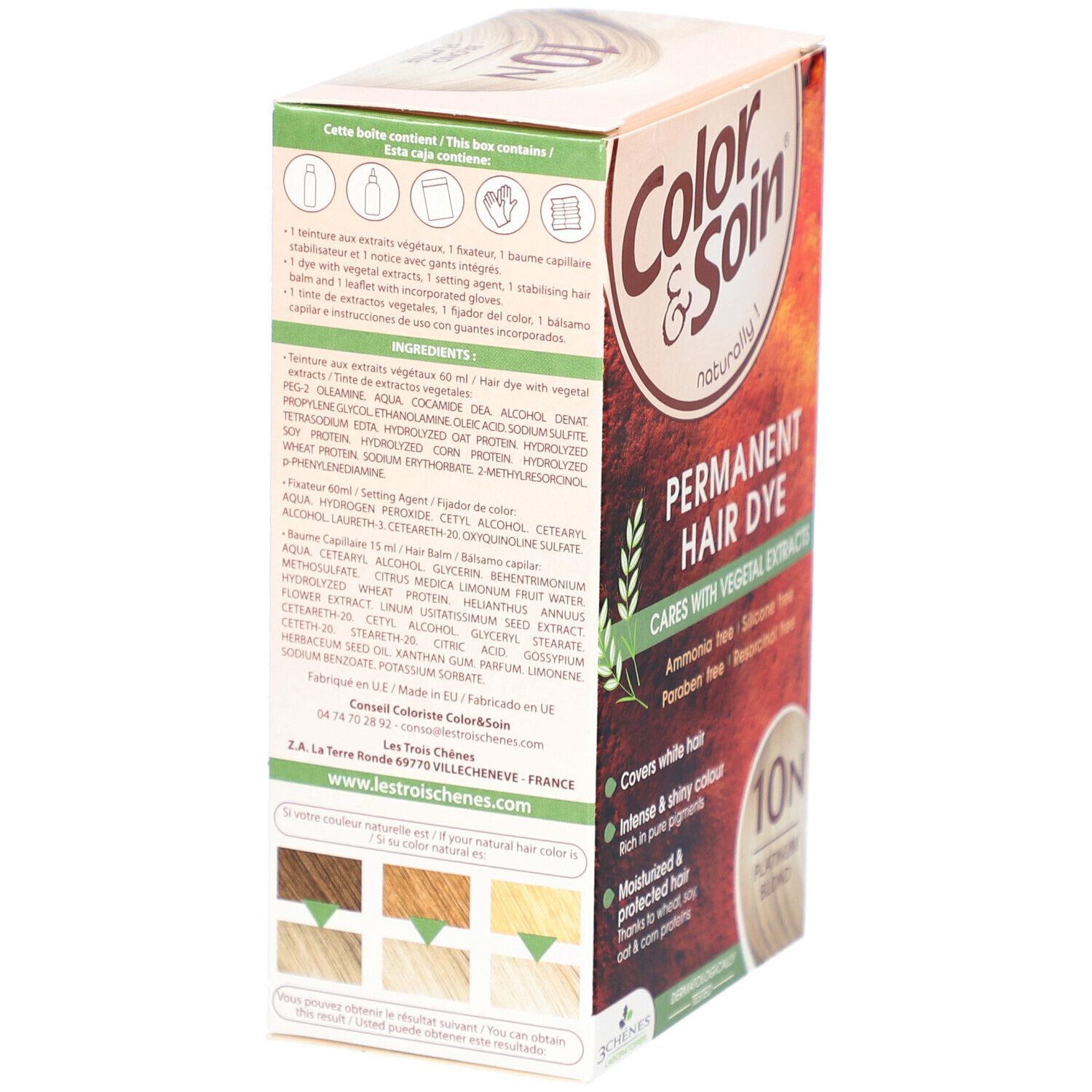 Haarfärbemittel-Box. Marke Color & Soin, Farbton 10N Platinblond. Rückseite mit Inhaltsstoffen und Herstellerinformationen.