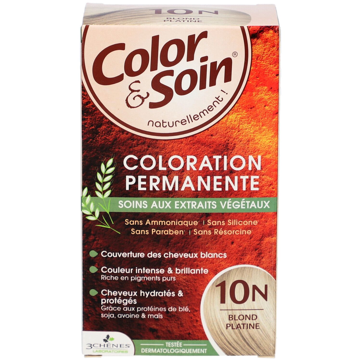 Haarfärbemittel-Box. Marke Color & Soin, Farbton 10N Platinblond. Coloration permanente aux extraits végétaux. Ohne Ammoniak, Resorcin, Parabene, Silikon.